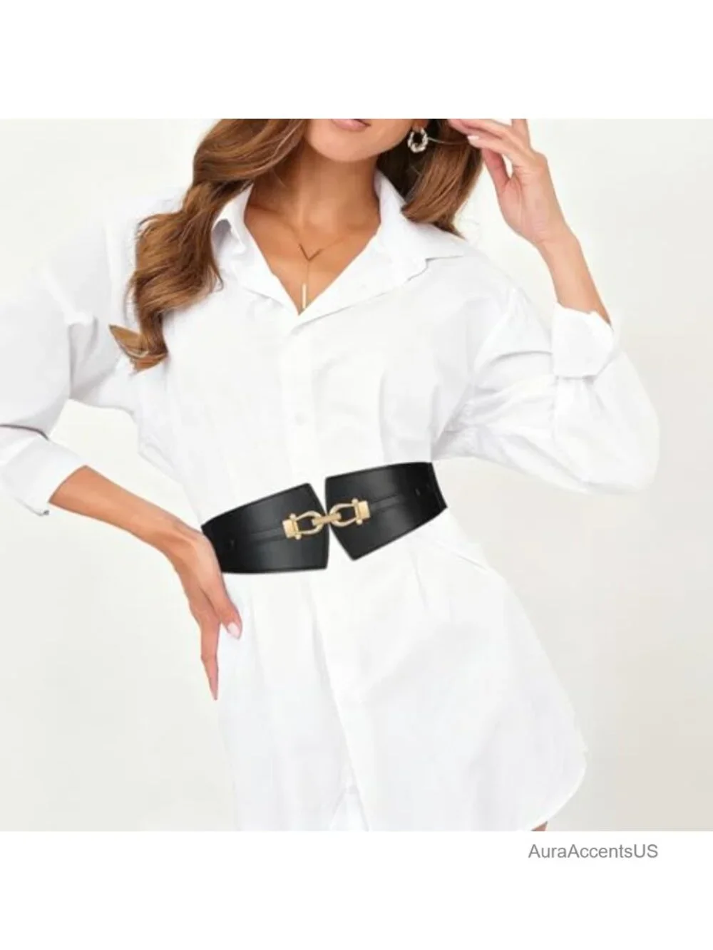 Wide Elastic Stretch Belt Gold Buckle Faux Leather Waist Belt for Dresses Coats